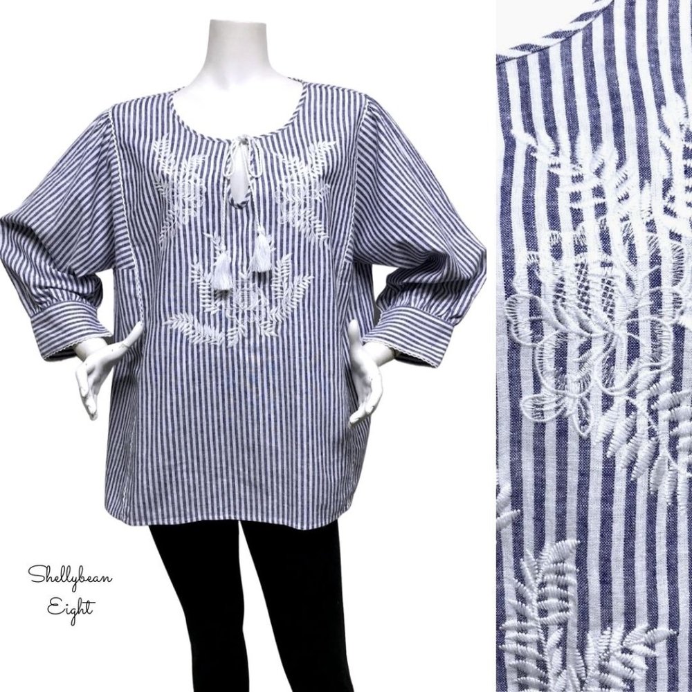 NEIMAN MARCUS Striped Embroidered Peasant Top XL